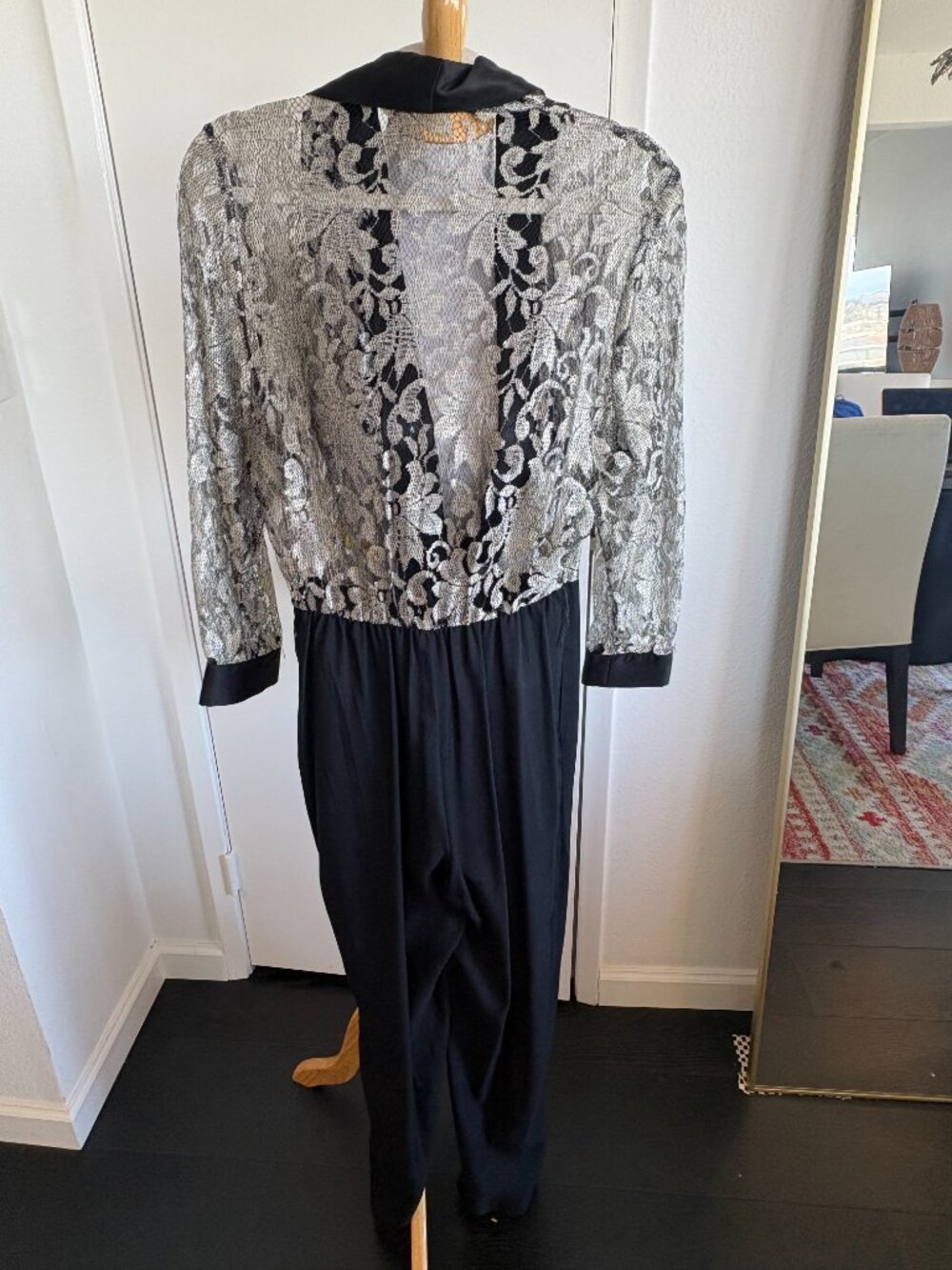 Vintage 80s Black Silver Metallic Lace Wide Leg Jumpsuit - Picture 2 of 3